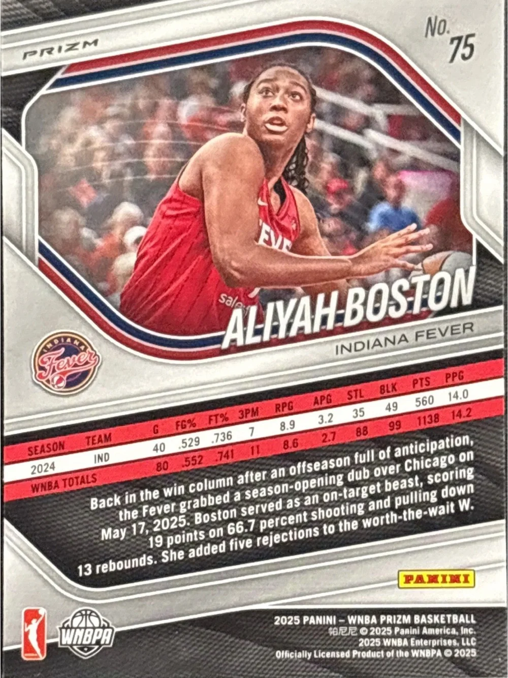 Panini Prizm Aliyah Boston Indiana Fever Basketball Refractor Trading Card